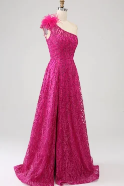 Fuchsia A-Line Um ombro pena lantejoulas longo vestido de baile com fenda