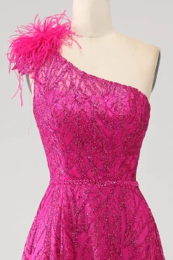 Fuchsia A-Line Um ombro pena lantejoulas longo vestido de baile com fenda