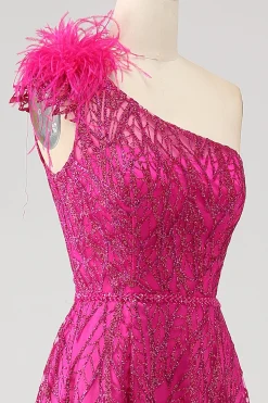 Fuchsia A-Line Um ombro pena lantejoulas longo vestido de baile com fenda