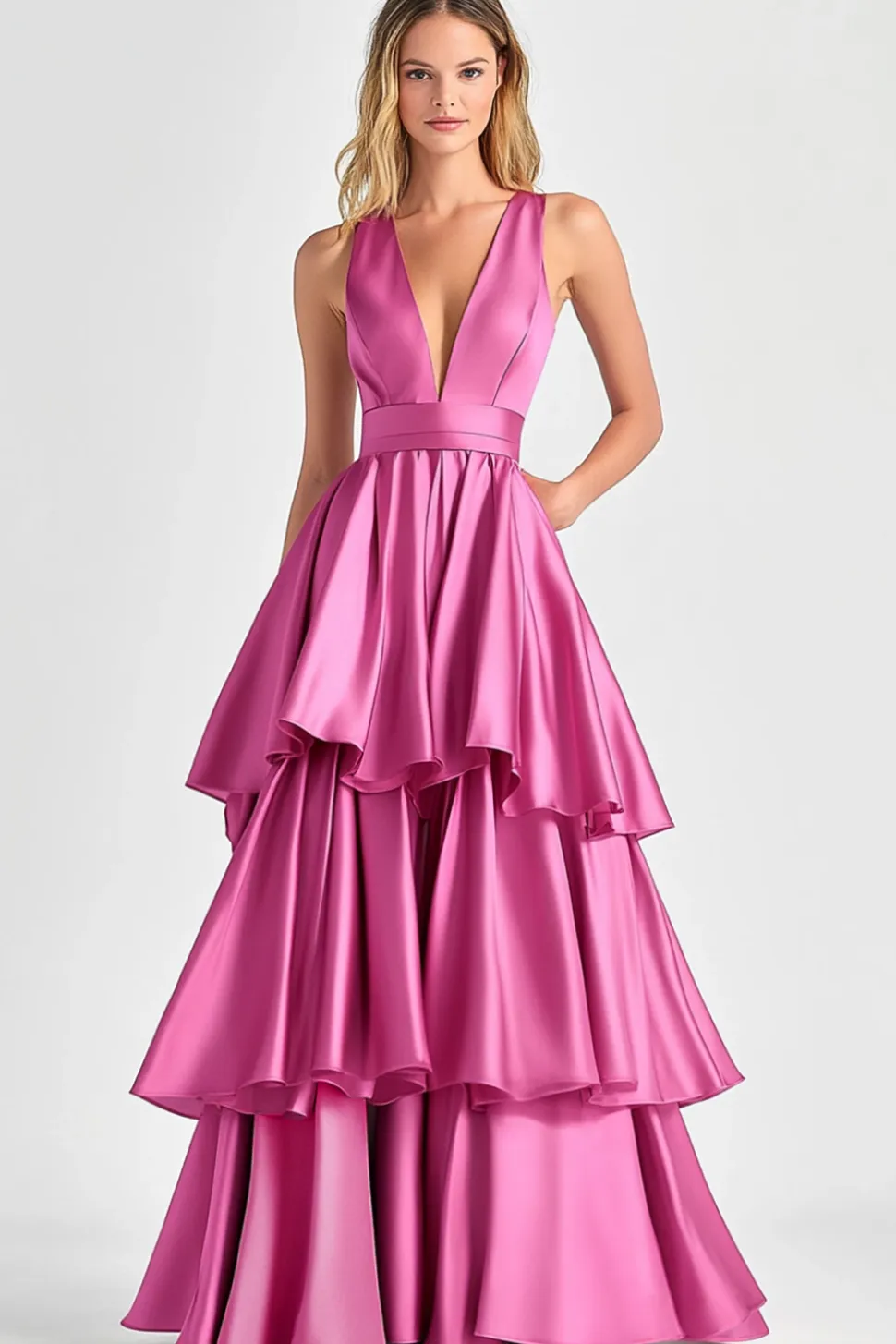 Fuchsia A-Line V Neck Ruffles Vestido Longo Baile