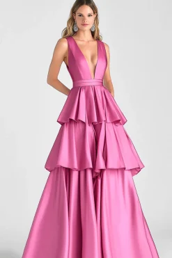 Fuchsia A-Line V Neck Ruffles Vestido Longo Baile