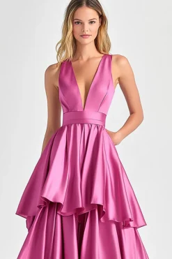 Fuchsia A-Line V Neck Ruffles Vestido Longo Baile