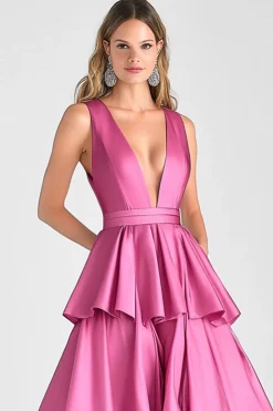 Fuchsia A-Line V Neck Ruffles Vestido Longo Baile