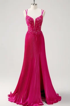 Fuchsia Bainha Esparguete Correias Plissado Longo Espartilho Vestido de Baile com Apliques