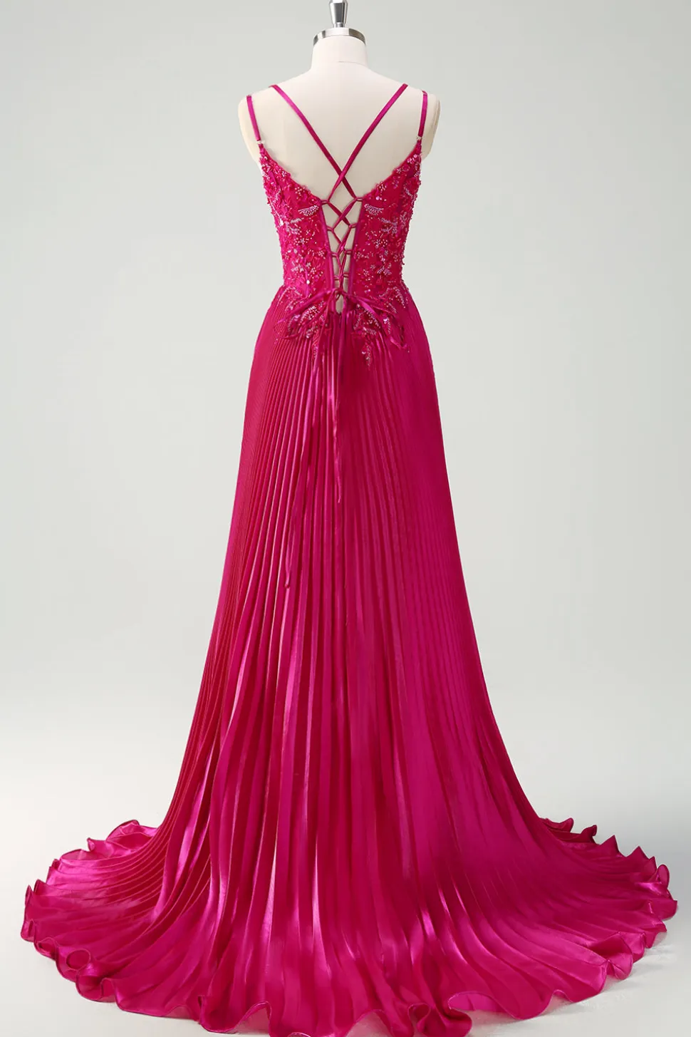 Fuchsia Bainha Esparguete Correias Plissado Longo Espartilho Vestido de Baile com Apliques