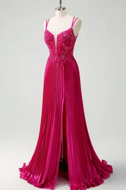 Fuchsia Bainha Esparguete Correias Plissado Longo Espartilho Vestido de Baile com Apliques