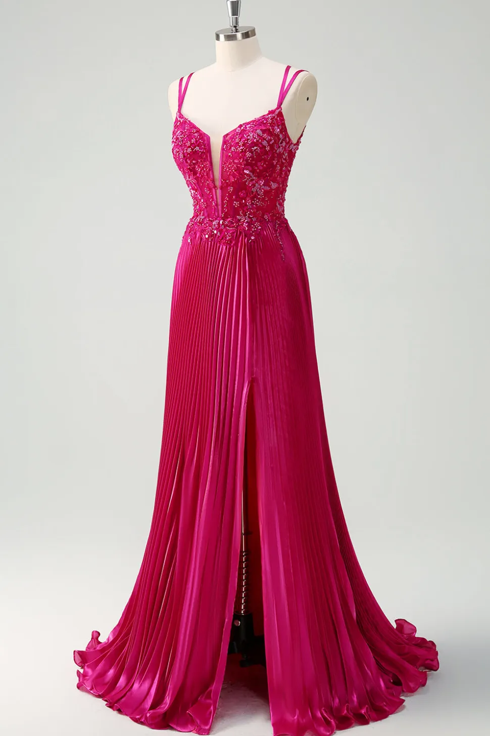 Fuchsia Bainha Esparguete Correias Plissado Longo Espartilho Vestido de Baile com Apliques