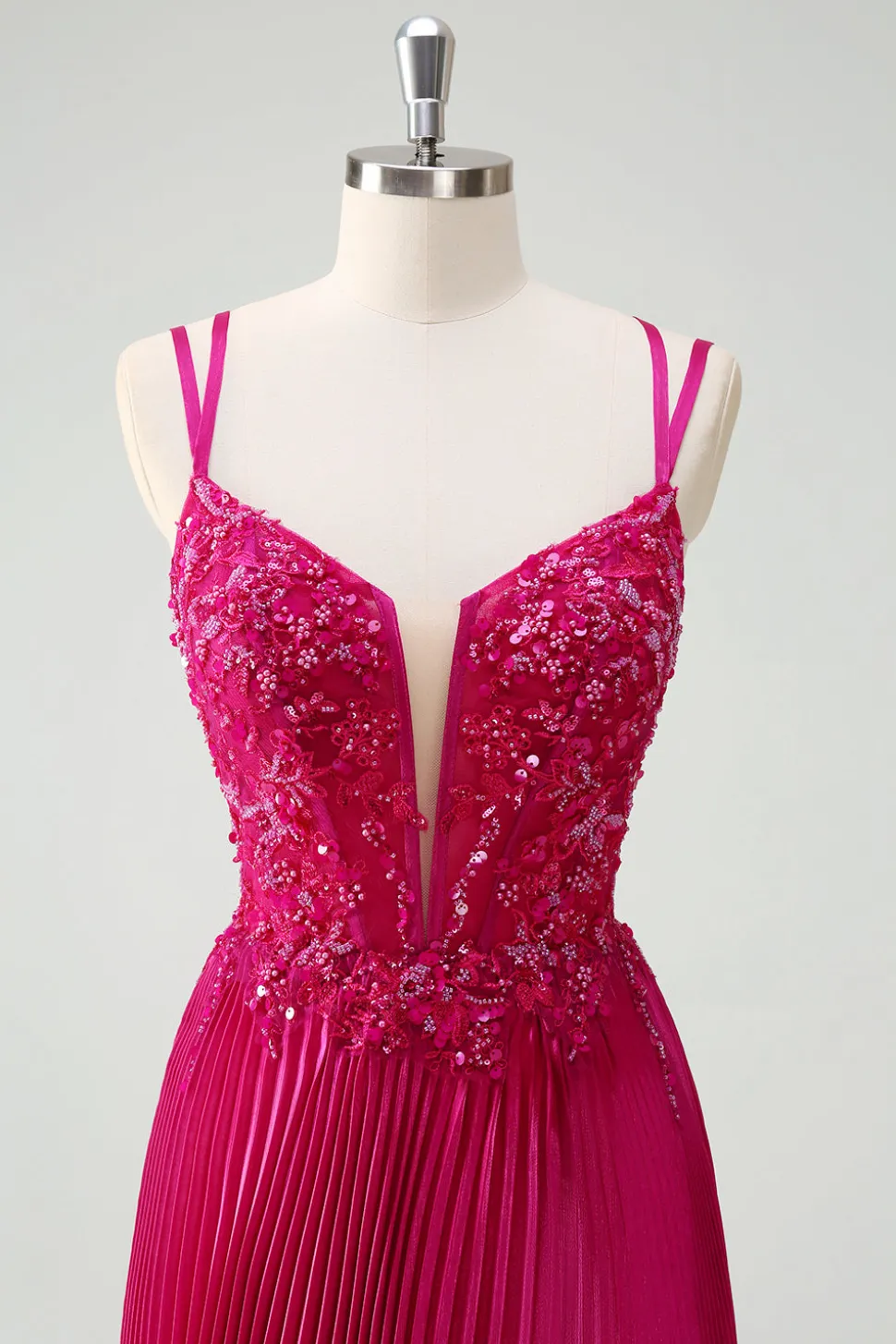 Fuchsia Bainha Esparguete Correias Plissado Longo Espartilho Vestido de Baile com Apliques