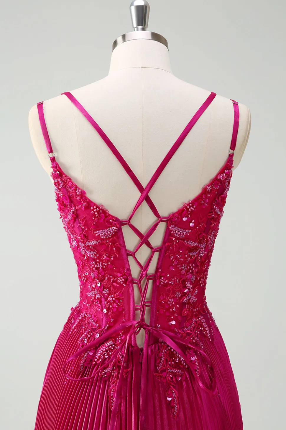 Fuchsia Bainha Esparguete Correias Plissado Longo Espartilho Vestido de Baile com Apliques