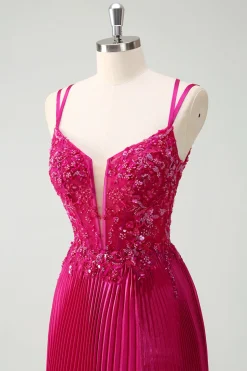 Fuchsia Bainha Esparguete Correias Plissado Longo Espartilho Vestido de Baile com Apliques