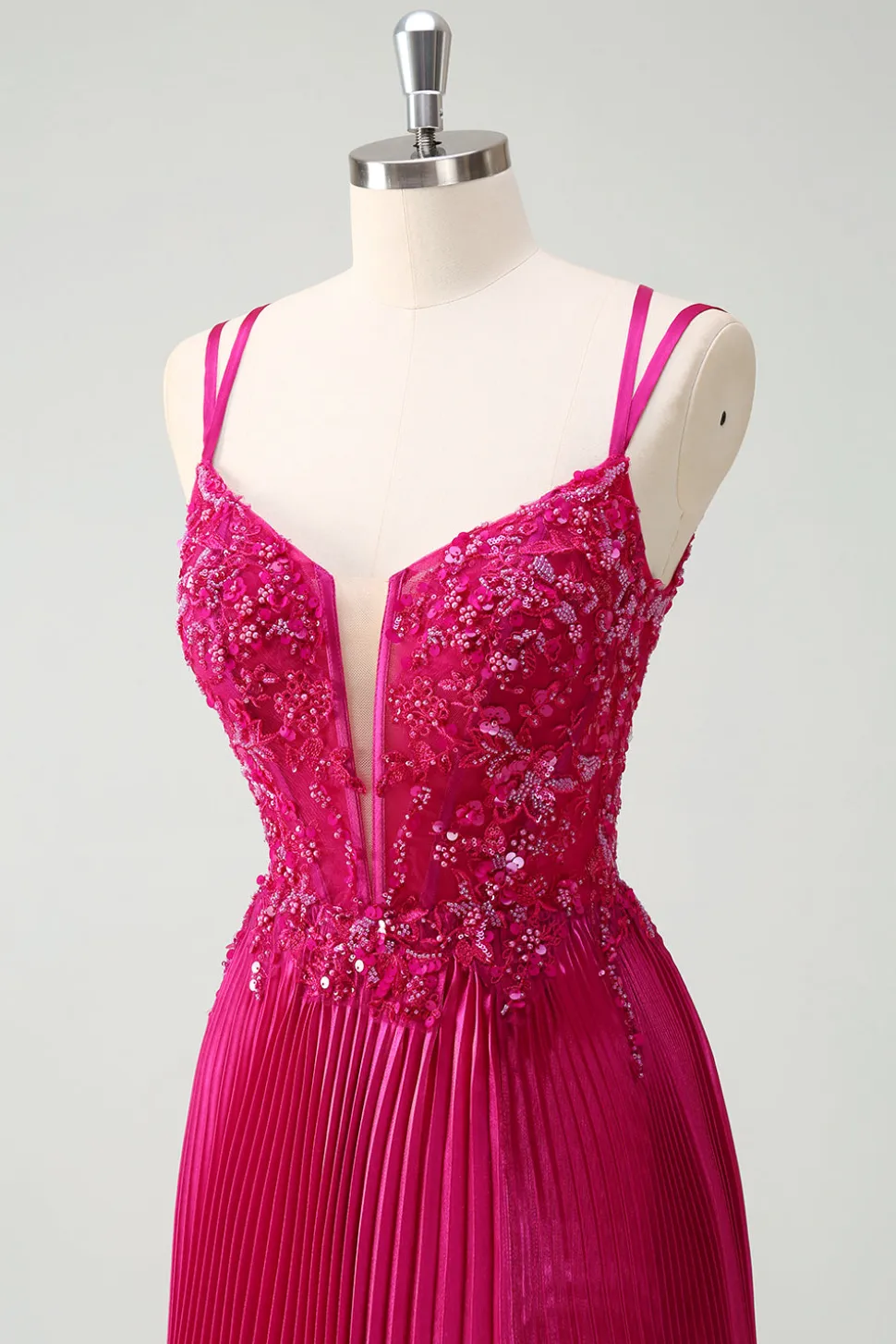 Fuchsia Bainha Esparguete Correias Plissado Longo Espartilho Vestido de Baile com Apliques