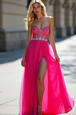 Fuchsia Beads Strapless Uma Linha Tule Prom Dress com Fenda