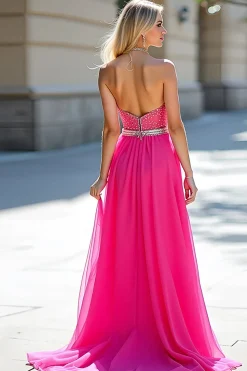 Fuchsia Beads Strapless Uma Linha Tule Prom Dress com Fenda
