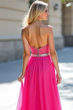 Fuchsia Beads Strapless Uma Linha Tule Prom Dress com Fenda