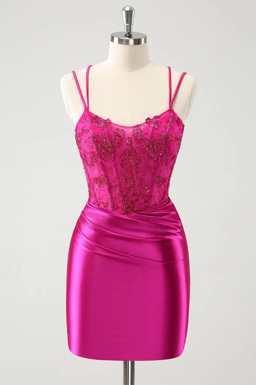 Fuchsia Bodycon Esparguete Correias Cetim Frisado Vestido Curto Homecoming