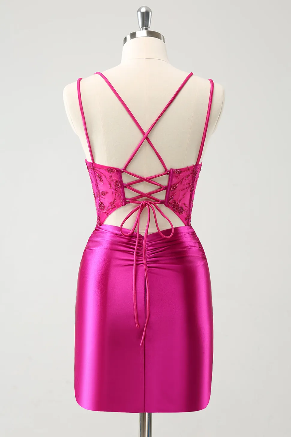 Fuchsia Bodycon Esparguete Correias Cetim Frisado Vestido Curto Homecoming