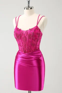 Fuchsia Bodycon Esparguete Correias Cetim Frisado Vestido Curto Homecoming