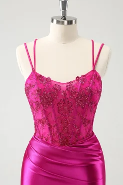 Fuchsia Bodycon Esparguete Correias Cetim Frisado Vestido Curto Homecoming