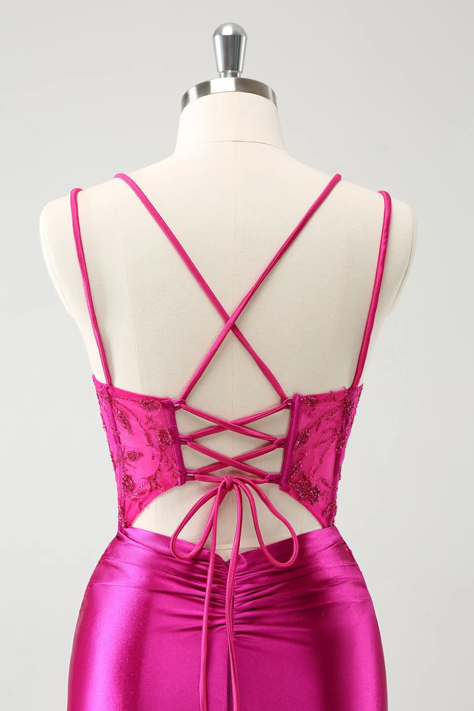 Fuchsia Bodycon Esparguete Correias Cetim Frisado Vestido Curto Homecoming