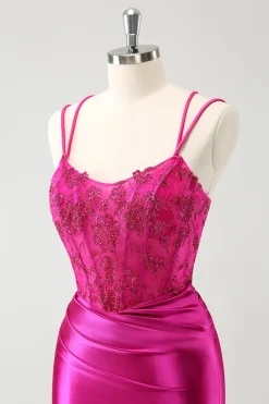 Fuchsia Bodycon Esparguete Correias Cetim Frisado Vestido Curto Homecoming