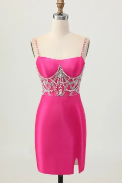 Fuchsia Bodycon Esparguete Correias Cetim Homecoming Vestido com Fenda