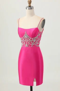 Fuchsia Bodycon Esparguete Correias Cetim Homecoming Vestido com Fenda