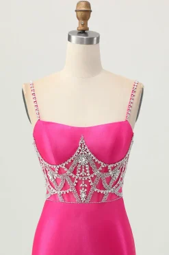 Fuchsia Bodycon Esparguete Correias Cetim Homecoming Vestido com Fenda