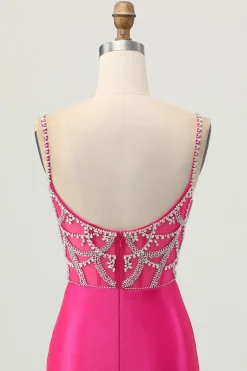 Fuchsia Bodycon Esparguete Correias Cetim Homecoming Vestido com Fenda