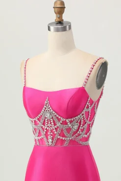 Fuchsia Bodycon Esparguete Correias Cetim Homecoming Vestido com Fenda
