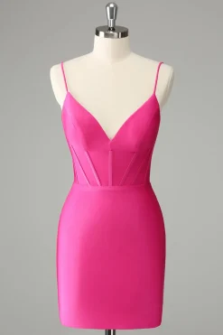 Fuchsia Bodycon Esparguete Correias Cetim Homecoming Dress