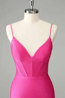 Fuchsia Bodycon Esparguete Correias Cetim Homecoming Dress