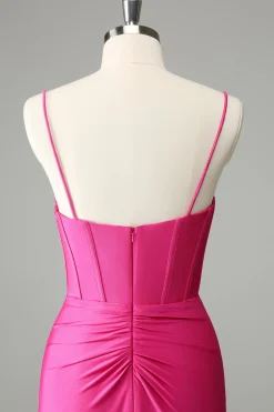 Fuchsia Bodycon Esparguete Correias Cetim Homecoming Dress