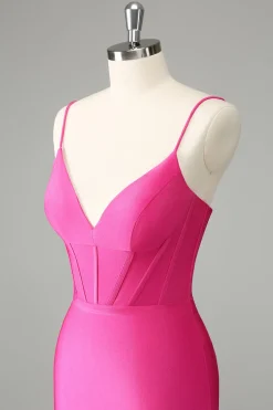 Fuchsia Bodycon Esparguete Correias Cetim Homecoming Dress