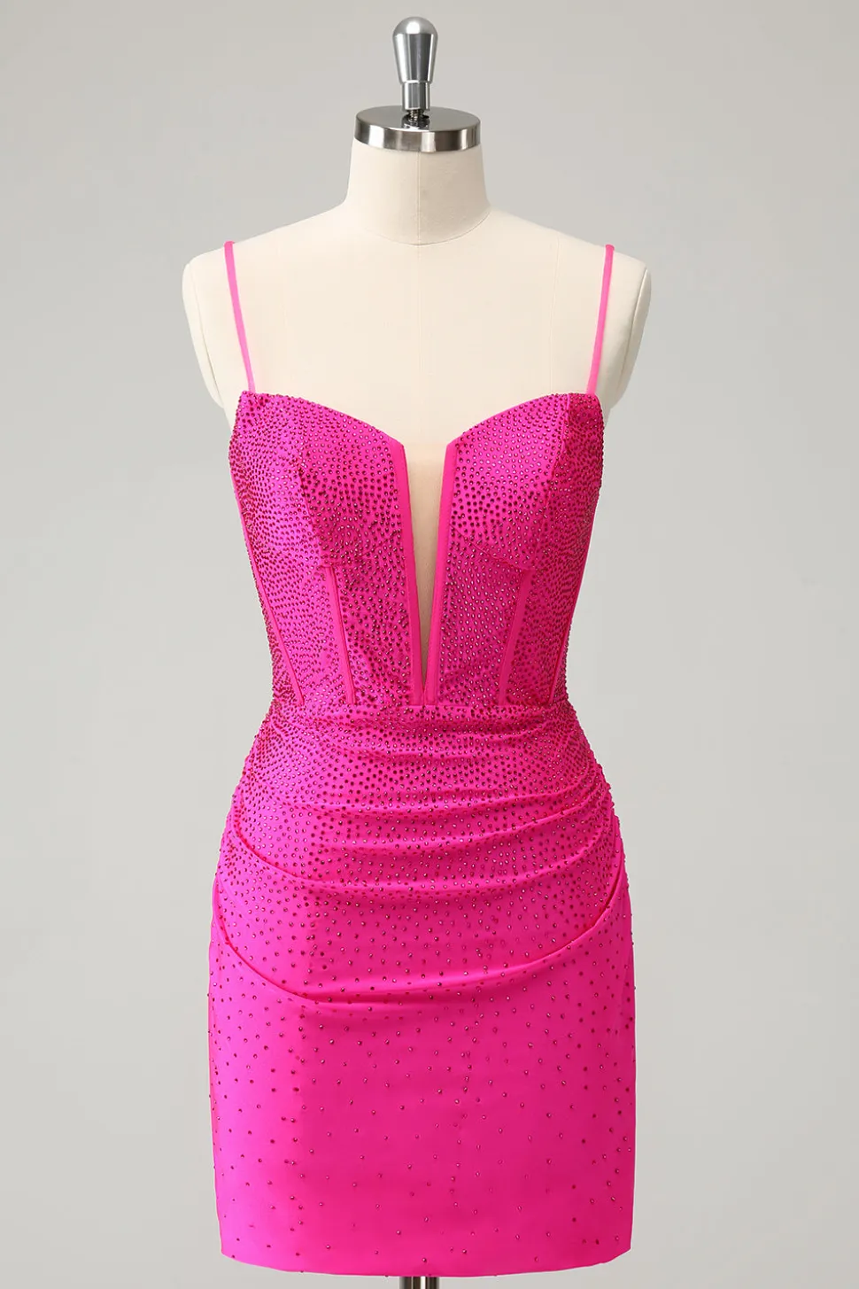 Fuchsia Bodycon Esparguete Correias Ruched Short Homecoming Dress com Missangas