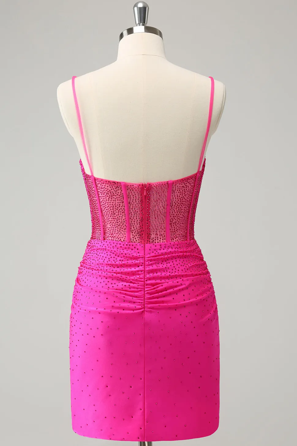 Fuchsia Bodycon Esparguete Correias Ruched Short Homecoming Dress com Missangas