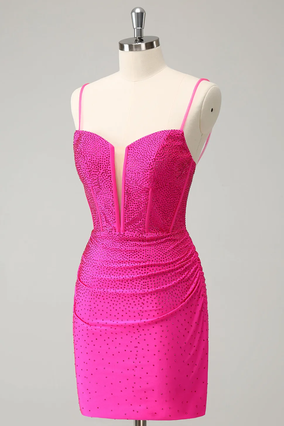 Fuchsia Bodycon Esparguete Correias Ruched Short Homecoming Dress com Missangas