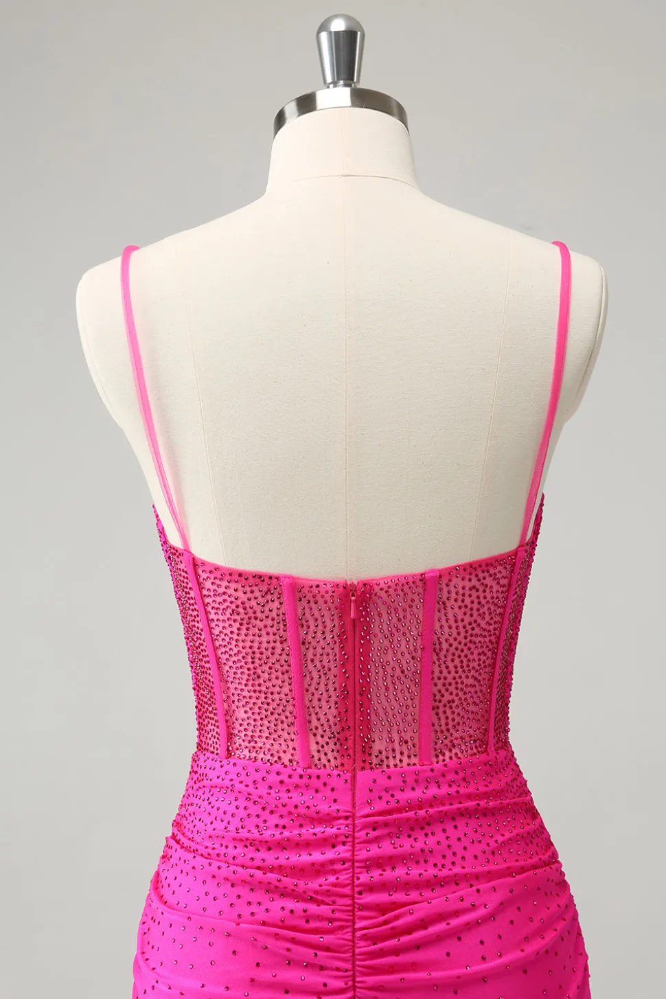 Fuchsia Bodycon Esparguete Correias Ruched Short Homecoming Dress com Missangas