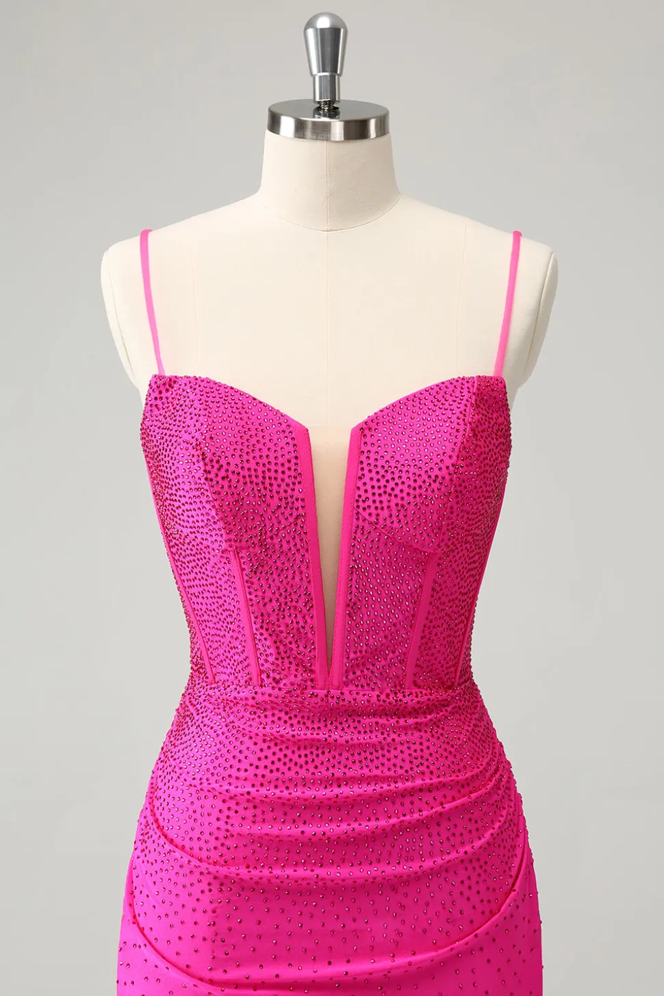 Fuchsia Bodycon Esparguete Correias Ruched Short Homecoming Dress com Missangas