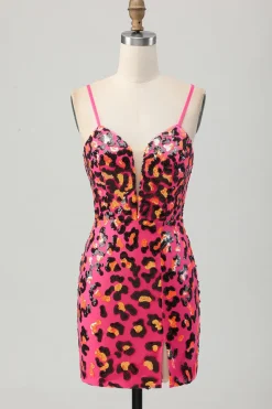 Fuchsia Bodycon Esparguete Correias Sequins Homecoming Vestido com Fenda