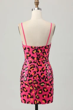 Fuchsia Bodycon Esparguete Correias Sequins Homecoming Vestido com Fenda