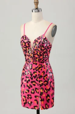Fuchsia Bodycon Esparguete Correias Sequins Homecoming Vestido com Fenda