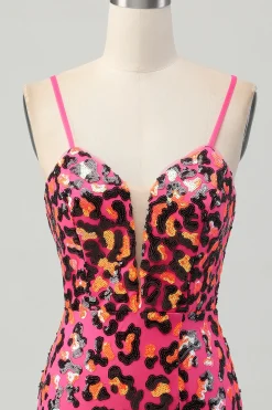 Fuchsia Bodycon Esparguete Correias Sequins Homecoming Vestido com Fenda