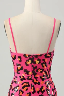 Fuchsia Bodycon Esparguete Correias Sequins Homecoming Vestido com Fenda