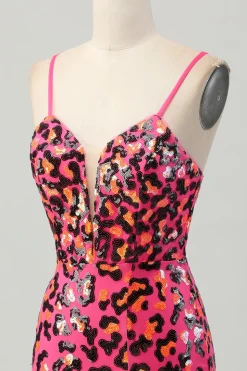 Fuchsia Bodycon Esparguete Correias Sequins Homecoming Vestido com Fenda