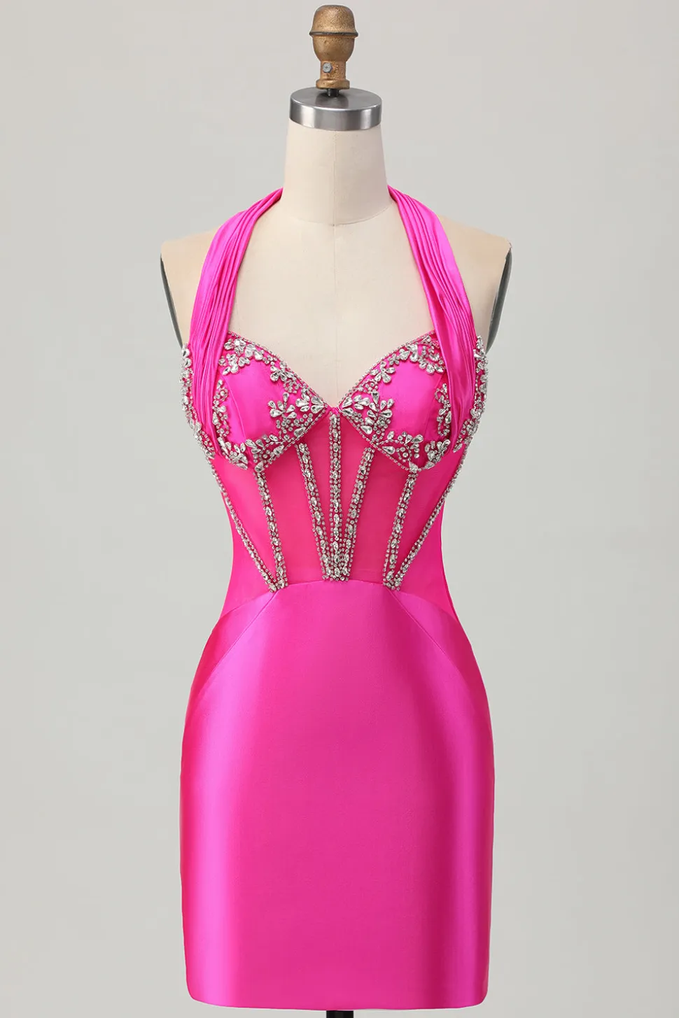 Fuchsia Bodycon Halter Backless cetim Homecoming vestido com strass