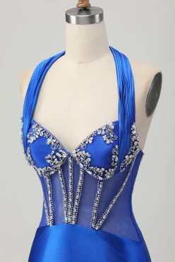 Fuchsia Bodycon Halter Backless cetim Homecoming vestido com strass