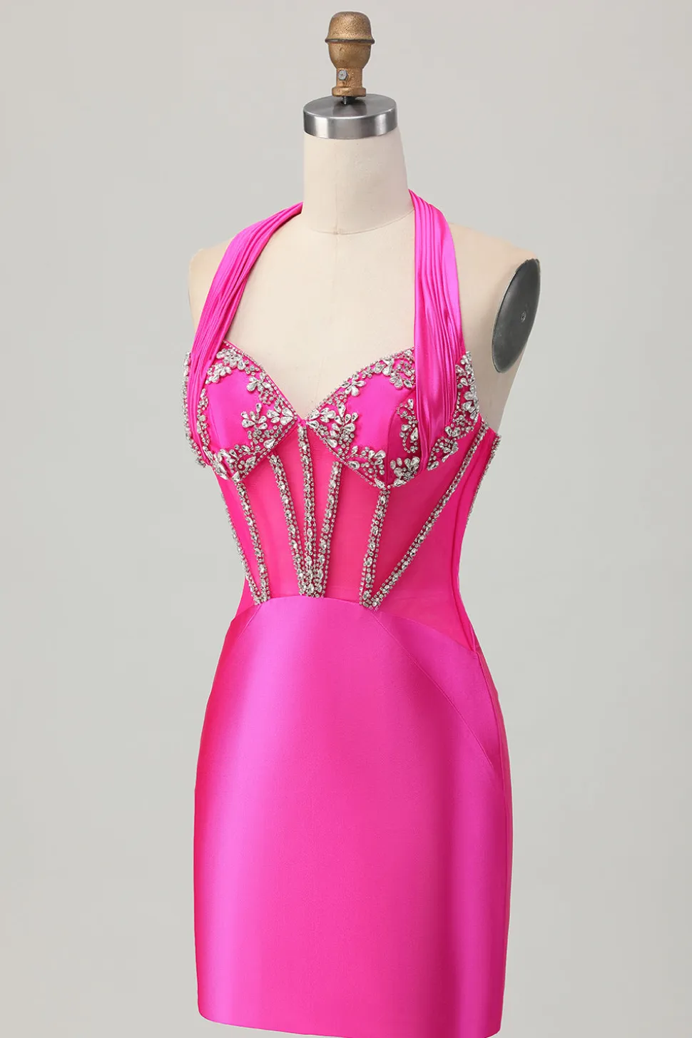Fuchsia Bodycon Halter Backless cetim Homecoming vestido com strass