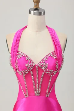 Fuchsia Bodycon Halter Backless cetim Homecoming vestido com strass