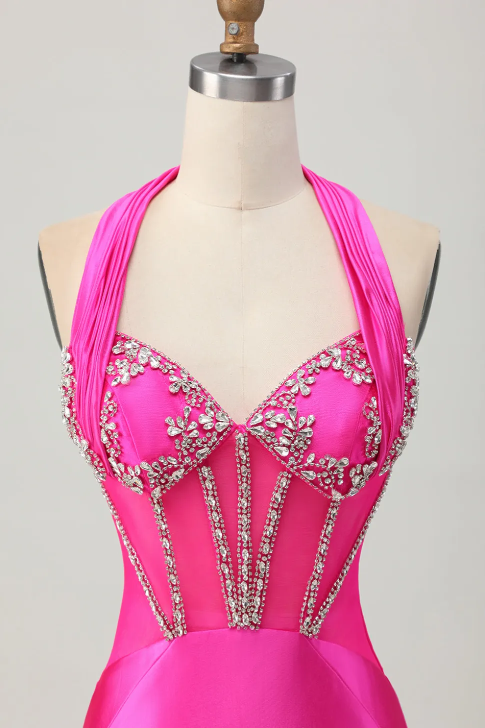 Fuchsia Bodycon Halter Backless cetim Homecoming vestido com strass