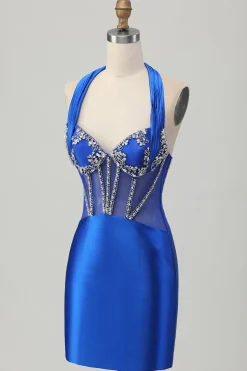 Fuchsia Bodycon Halter Backless cetim Homecoming vestido com strass